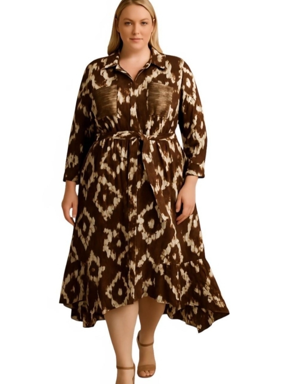 Ashley Stewart Plus Size 18/20 Brown Printed Shirt Dress.